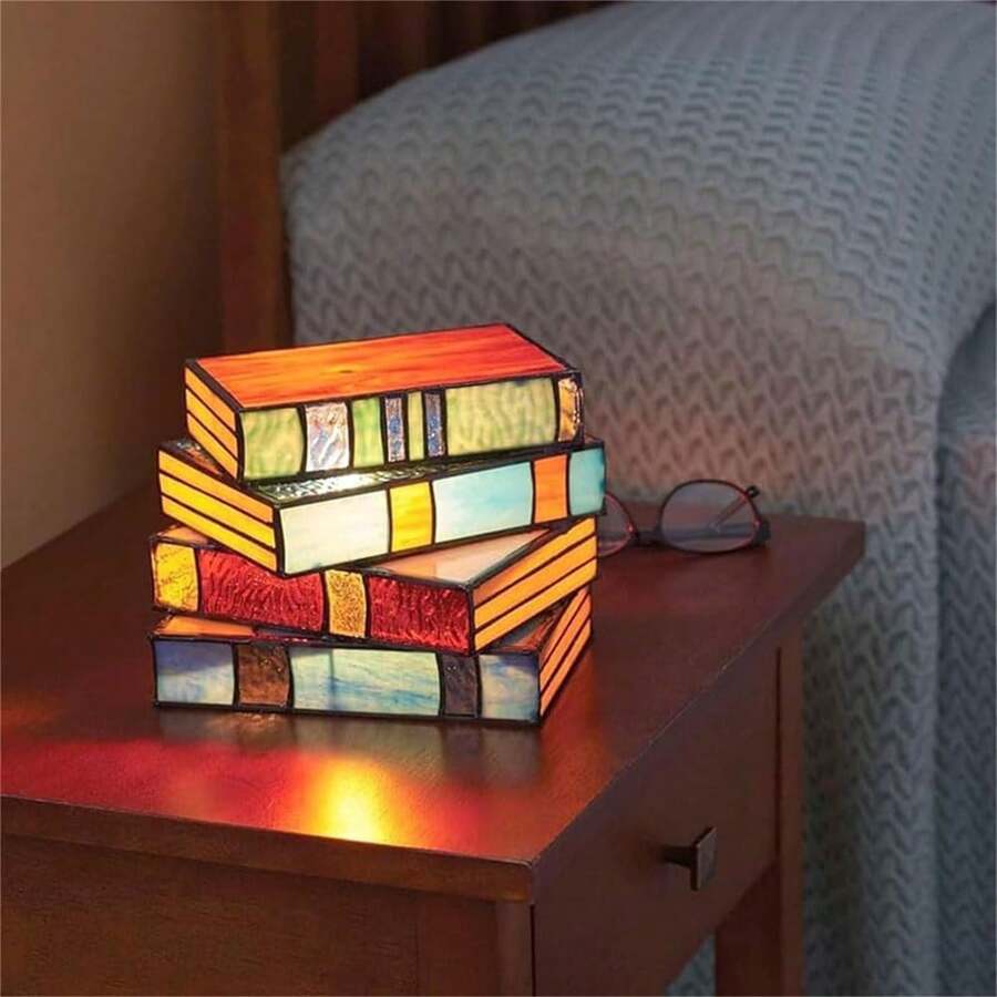 Stained Glass Stacking Book Lamp, Stacking Book Glass Lamp, Handmade Glass Nightstand Desk Book Lamp, Reading Nook Lighting Retro Table Lamp, Style Table Lamp Home Decor - Multicolor - View 1