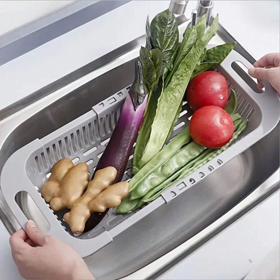 1pc Extendable Drain Basket, Plastic Rectangular Basket, Kitchen Vegetable And Dish Washing Strainer And Storage - Grey - View 1