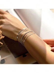 6pcs New Stainless Steel Waterproof & Fade-Resistant Braided Chain, Snake Chain, Bead Chain Bracelets, Versatile For Women's Daily, Party Wear, Beach Outfit, Gift