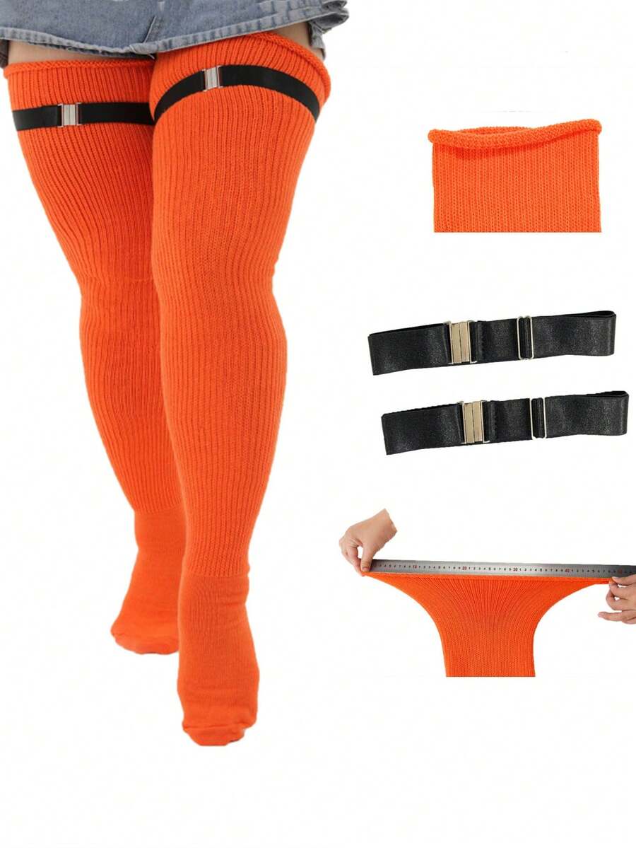 1 đôi tất dài qua đầu gối cỡ lớn cho nữ, tất cao đến đùi chống trượt có lót nhiệt - trái cam - Xem 1