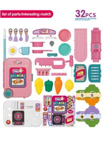 迷你 3 合 1 廚房玩具套件兒童家庭假裝廚房玩具食品套裝烹飪、玩具鍋碗瓢盆兒童廚房帶假玩具食品炊具餐具,女孩禮物粉色 - 粉色 - 查看 8