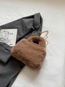 女孩白色毛絨手提袋,帶毛皮蓋子,鏈帶肩背袋和斜挎袋 - 棕色 - 查看 2