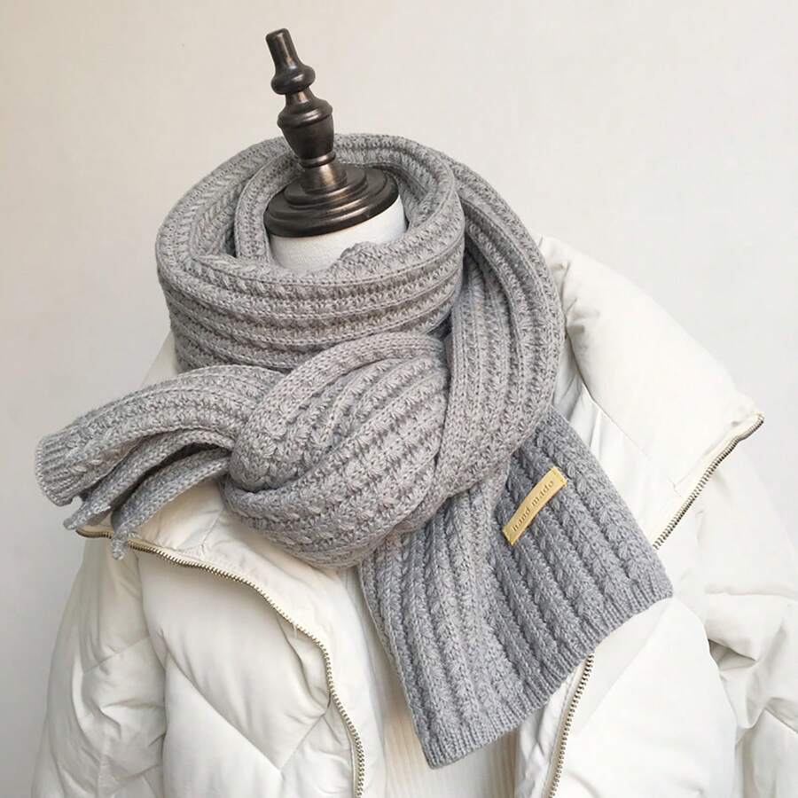 1pc Ladies' Gray Thick Knitted Long Scarf, Simple & Fashionable, Durable Windproof Neck Wrap Of Great Warmth, Suitable For Daily Wear In Autumn And Winter - Grey - View 1