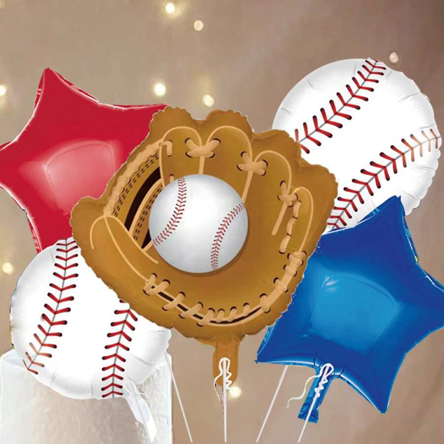 Conjunto de decoración para fiesta de cumpleaños con tema de softball que consta de 6 piezas (5 globos y 1 tarjeta de respaldo para regalo) de globos de papel de aluminio pequeños en forma de béisbol, softball, estrella y redondos en empaque individual de cartón - Juego de 6 globos de película de aluminio de softbol. - Ver 1