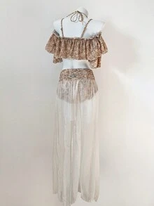 Set da 3 pezzi di costumi da bagno per donna, costume da bagno con gonna rimovibile, spalle scoperte e rifiniture arricciate, adatto per spiaggia, viaggio e spa estiva