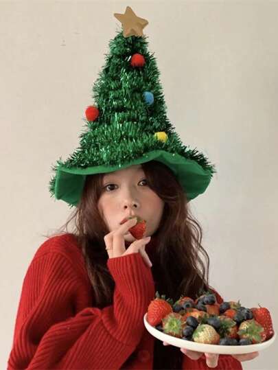 1pc Christmas Tree Hat, Green Onion Decorated Xmas Cap Halloween