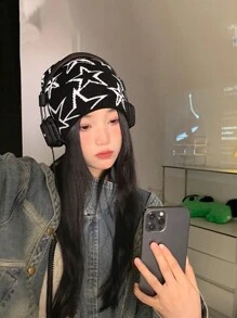 1pc Women's Star Embellished Knitted Hat, Fashionable Outdoor Windproof & Warm Cap Christmas Winter Fall - Black and White - View 1