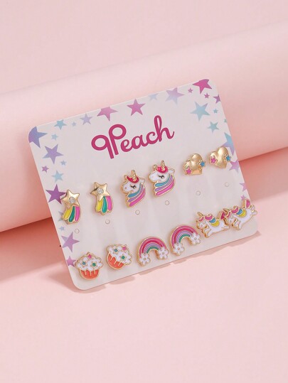 12pcs/Set Girls' Unicorn Rainbow Heart Shaped Kids' Earrings
