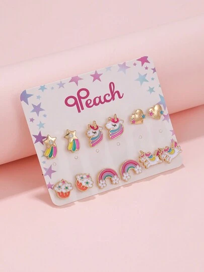 12入組女孩專屬獨角獸彩虹心型兒童耳環