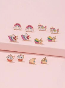 12入組女孩專屬獨角獸彩虹心型兒童耳環 - 彩色 - 查看 3