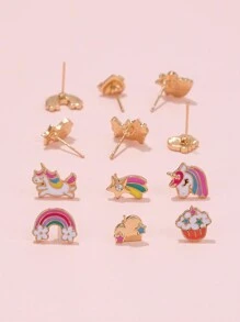 12入組女孩專屬獨角獸彩虹心型兒童耳環 - 彩色 - 查看 4