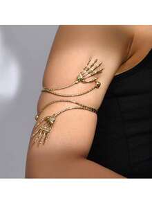 1入金銀頭骨手臂袖上臂帶手環，極簡單紋開口寬線手鐲，適用於女性和女孩可調節臂彎手鐲套裝 - Skull arm cuff - 查看 1