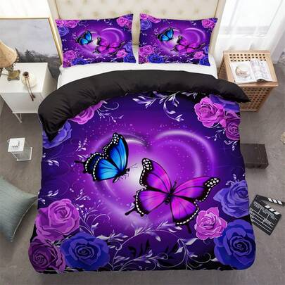 3pcs Duvet Cover Set, Flower Butterfly Rose Print Bedding Set, Soft Comfortable Duvet Cover, For Bedroom, Guest Room (1*Duvet Cover + 2*Pillowcases, Without Core)