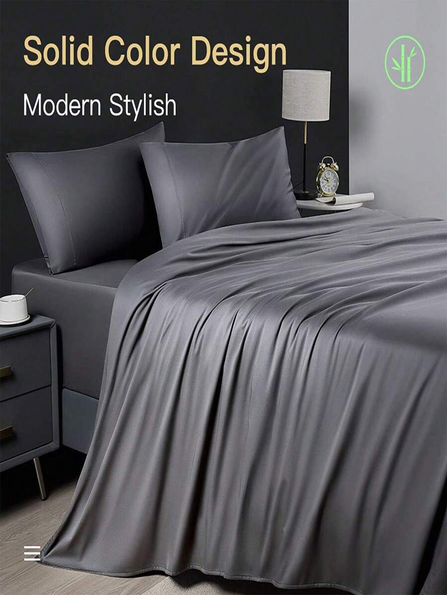 Bamboo Bed Sheets Set 4 Piece, 1800 Thread Count Super Silky Soft Sheet, 16 Inch Deep Pocket Breathable Sheet Set, Machine Washable- King/Queen - Màu xám đen - Xem 1