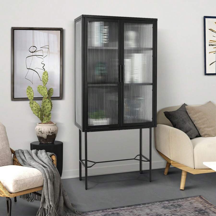 MERAX Elegant Floor Cabinet With 2 Tampered Glass Doors Living Room ...