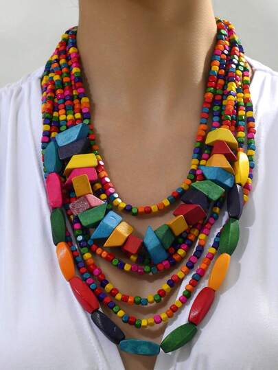 1 Pieza Collares De Capas De Madera Coloridos Con Estilo Bohemio Vintage, Joyería Casual Elegante Para Mujeres Y Adolescentes