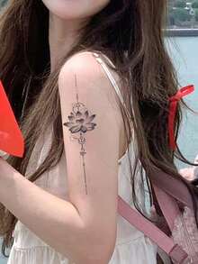 1pc Waterproof Non-reflective Lotus Temporary Tattoo Sticker For Women's Arm And Thigh - Black - View 2