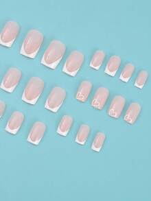 ARTAUG 24入組粉色長方形法式壓片假指甲愛心設計，含1pc指甲檔，1pc指甲黏貼膠套組，適用於女孩、媽媽和女性禮物、美甲用品和批發，可拆卸式假指甲美白美甲套裝，適用於節日、派對、約會和日常佩戴。