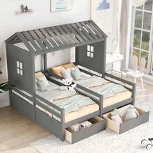 House Style Bed for Kids, Double Twin Daybed with Two Drawers and Roof, Twin Size Platform Bed Frame with Fence and Window for Kids, Teens, Girls & Boys, Easy Assembly - Gray - 查看 1