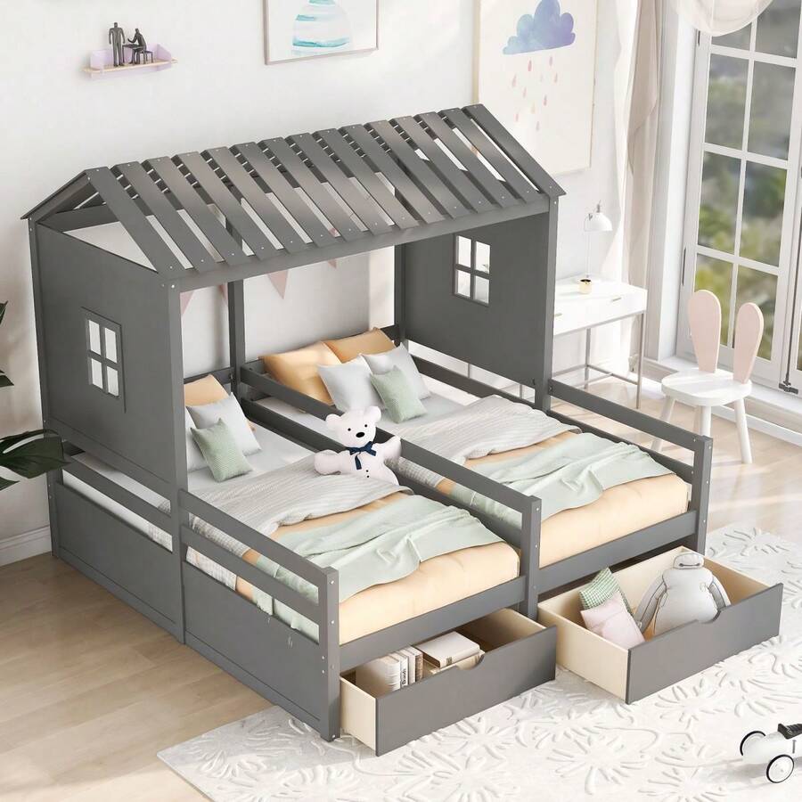 House Style Bed for Kids, Double Twin Daybed with Two Drawers and Roof, Twin Size Platform Bed Frame with Fence and Window for Kids, Teens, Girls & Boys, Easy Assembly - Gray - 查看 1