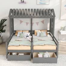 House Style Bed for Kids, Double Twin Daybed with Two Drawers and Roof, Twin Size Platform Bed Frame with Fence and Window for Kids, Teens, Girls & Boys, Easy Assembly - Gray - 查看 2
