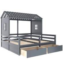 House Style Bed for Kids, Double Twin Daybed with Two Drawers and Roof, Twin Size Platform Bed Frame with Fence and Window for Kids, Teens, Girls & Boys, Easy Assembly - Gray - 查看 4