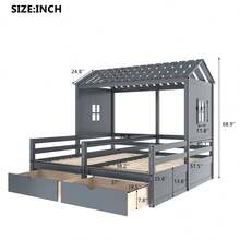 House Style Bed for Kids, Double Twin Daybed with Two Drawers and Roof, Twin Size Platform Bed Frame with Fence and Window for Kids, Teens, Girls & Boys, Easy Assembly - Gray - 查看 7