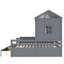 House Style Bed for Kids, Double Twin Daybed with Two Drawers and Roof, Twin Size Platform Bed Frame with Fence and Window for Kids, Teens, Girls & Boys, Easy Assembly - Gray - 查看 6
