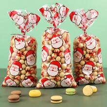 30/50/100入組聖誕塑料袋,有聖誕老人、小精靈和糖果設計,用紅色扭結扎帶裝飾,適用於零食、禮物和假日派對用品