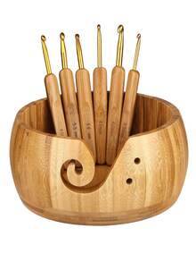 1入組木製毛線碗置物架,帶6支金屬鉤針的手工編織碗,7.9英寸大毛線架分配器毛線收納碗,適合針織和鉤織愛好者的禮品(竹質7.9英寸) - 杏色 - 查看 1