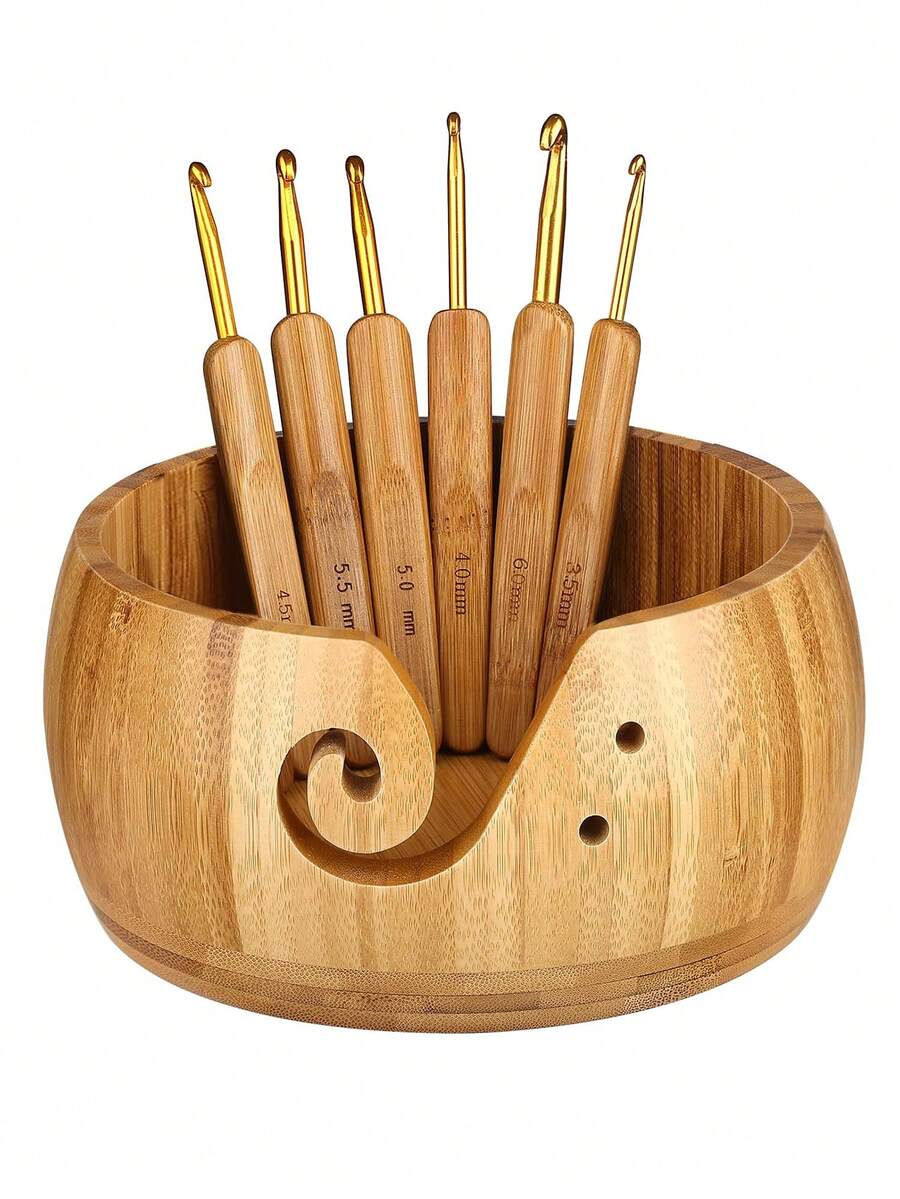 1入組木製毛線碗置物架,帶6支金屬鉤針的手工編織碗,7.9英寸大毛線架分配器毛線收納碗,適合針織和鉤織愛好者的禮品(竹質7.9英寸) - 杏色 - 查看 1