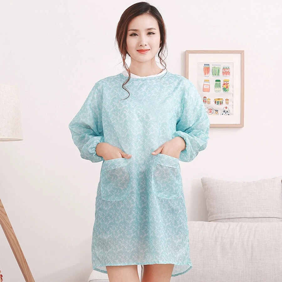 1 件藍色編織圍兜圍裙,雙口袋,適用於咖啡店、幼兒園、防水腰圍裙,雙面服裝,可愛長袖男女通用工作服