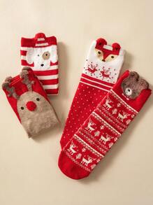 Merry Christmas 4 Pairs Women/Men/Kids Family Matching Mid-Calf Socks, Red Socks With Bear/Dog/Christmas Reindeer Stripe Pattern, Odor-Resistant Breathable Casual Fashionable Cute, Suitable For Christmas Gift/Party, Random Style - Multicolor - View 2