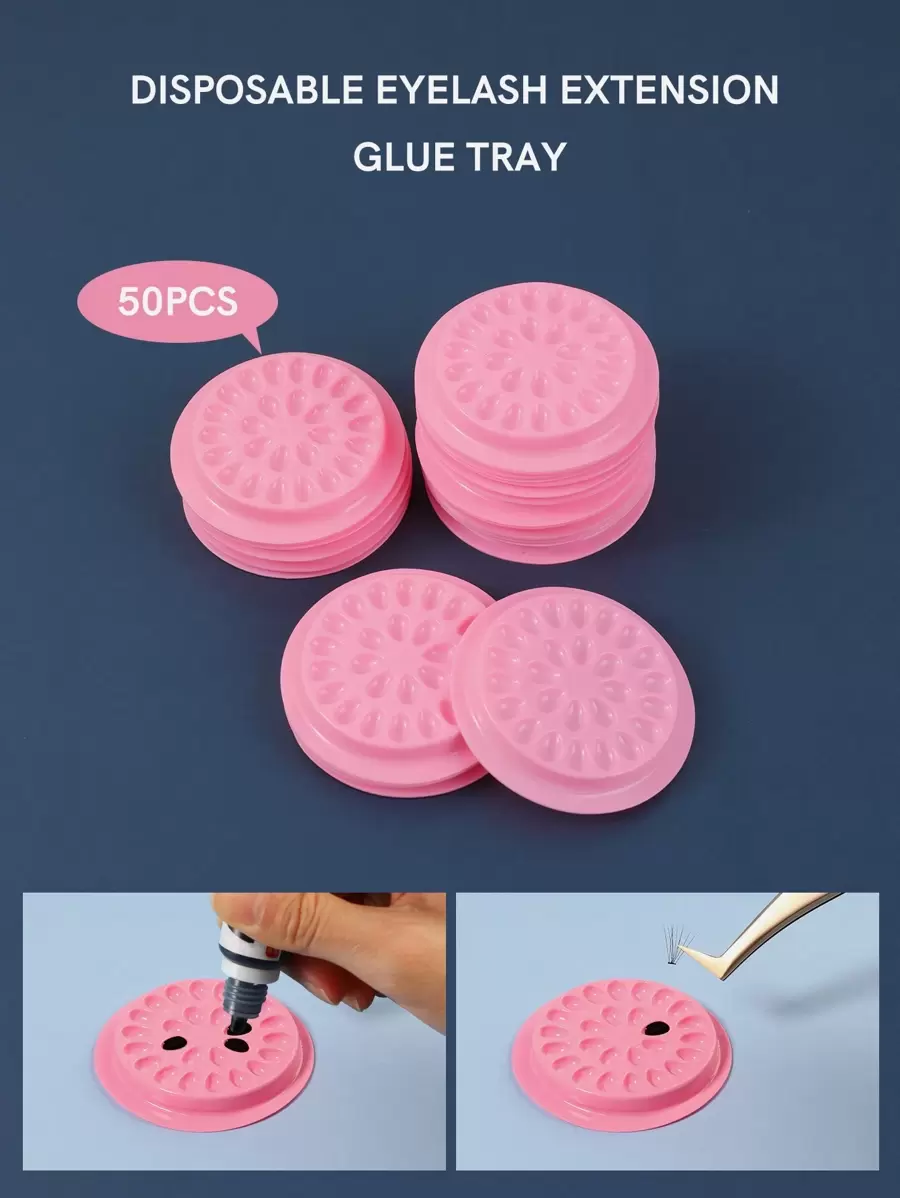50pcs Eyelash Glue Holder False Eyelashes Glue Holder Eyelash Extension Glue Holder Pallet Pads Eyelash Extension Tool False Eyelashes Glue Holders Tray Plastic Flower Shaped Eyelash Extension Glue Pallet Pads with Self-adhesive Back for Eyelash Extension Nail Art or Tattoo Ink Application Tool-Pink
