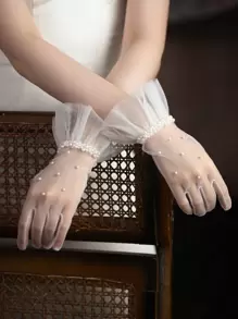 1 Pair Women's Faux Pearl Beaded Ruffle Trim Bridal White Gloves, Ideal For Wedding, Evening Party Dressing Up Autumn Accessories