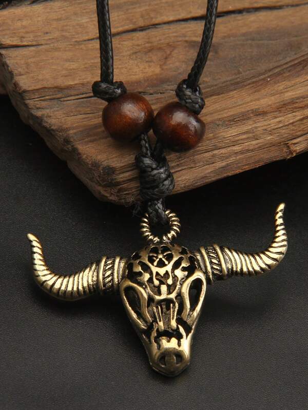 1 pieza Colgante vintage de cabeza de toro calado con collar ajustable para hombre, regalo de Navidad