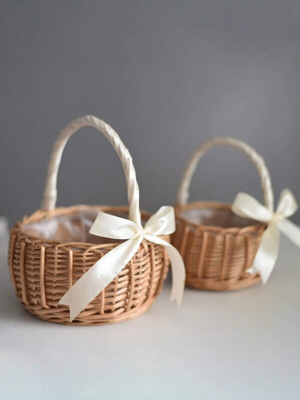 1pc Handmade Natural Artificial Flower Basket For Flower Girl, White Woven Willow Basket For Wedding/Birthday Decoration,For Back To School