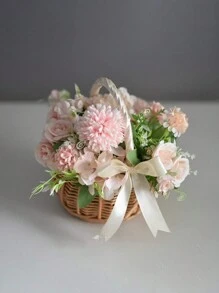 1 件手工天然人造花篮，适合花童，白色编织柳条篮，适合婚礼/生日装饰，适合返校 - 彩色 - 查看 3