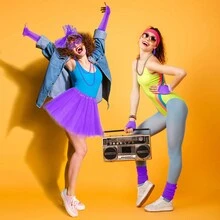 9入組80年代女性服飾配件套裝,霓虹腿暖器、手帶、頭帶、全息腰包,適用於行走瑜伽