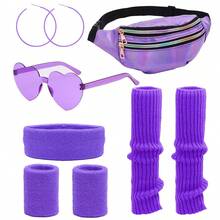 9入組80年代女性服飾配件套裝,霓虹腿暖器、手帶、頭帶、全息腰包,適用於行走瑜伽