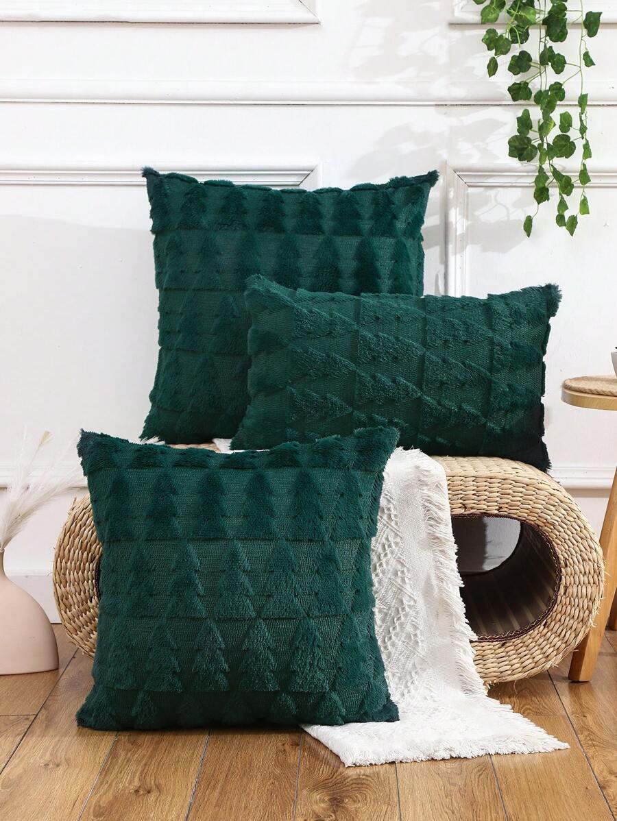 Miater 1入組毛絨質感3d刺繡聖誕樹坐墊套 - 墨綠色 - 查看 1