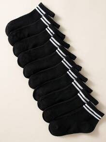 10雙/組兒童黑色雙橫條運動休閒襪,舒適中筒袜適合日常穿著