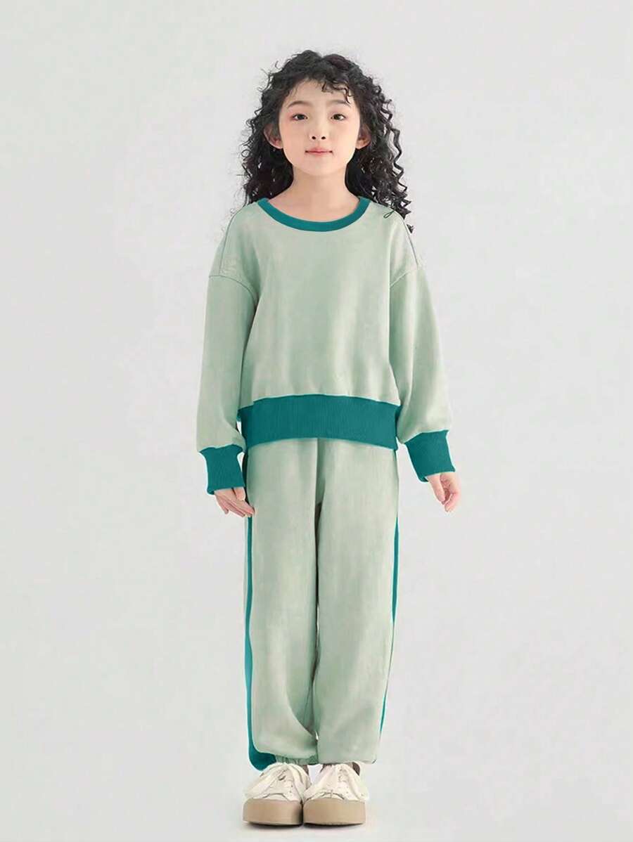 女童休閒衛衣褲套裝,清新風格 - 薄荷綠 - 查看 1