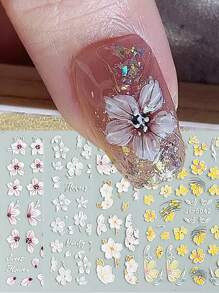 4 件裝壓花 5d 指甲貼白色壓克力指甲花櫻花貼花浮雕滑塊凝膠拋光美甲膜 - 彩色 - 查看 1