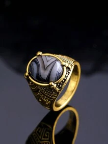 歐美時尚運動潮流男士天然黑色瑪瑙石彩色石頭復古華麗男戒