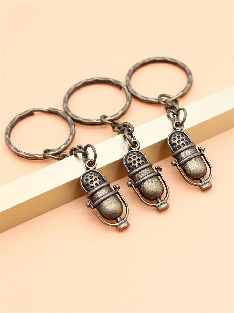 3 件音樂鑰匙扣音符高音吊墜鑰匙扣吉他鑰匙扣麥克風鑰匙扣 - 銅色 - 查看 1