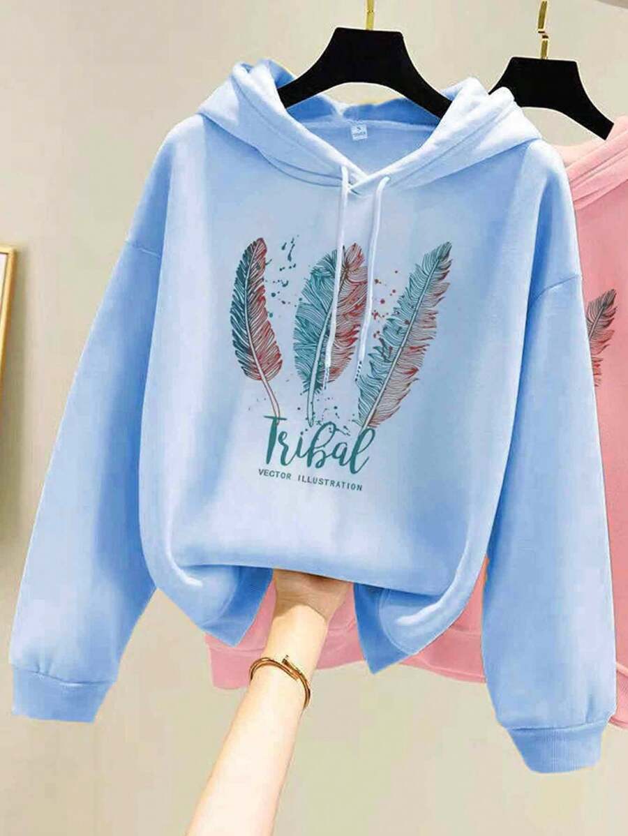 MURAMASA Capucha con estampado de letra con cordón de hombros caídos con forro térmico - Azul - Ver 1