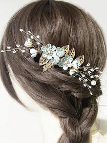 1 Pieza Peine Para Cabello Con Forma De Flor Con Decoración De Diamantes De Imitación, Accesorio Para Peinado De Fiesta - Verde - Ver 1