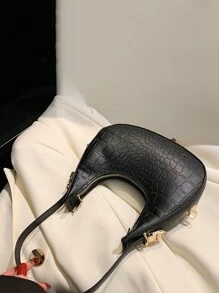 鳄鱼纹新月形PU皮革女式腋下包 奢华小饺子肩包 女士单肩包 - 黑色 - 查看 7