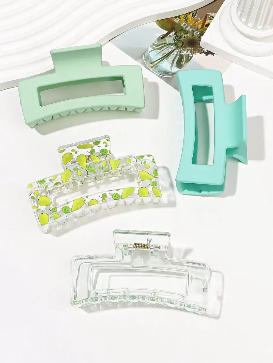 4pcs Light Green & Lake Blue Translucent Frosted Fruit Pear Printed Square Hair Clips Casual,Dopamine Hair Claws Claw Clips Hair Jaw Clip Hair Clamps Hair Clutch Hair Catcher Clip - Multicolor - View 1